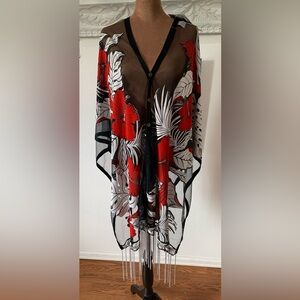 Gorgeous Sheer Floral Kimono Cover-Up in Black, Red & White
